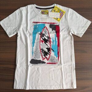 Boys Size 7 Tee Plaid Fish Abstract White Surfboard Cotton Tee Short Sleeve
